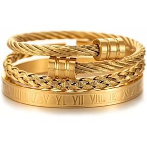 SOOWOOT Men's Gold Bracelet - 3 - Piece Stainless Steel Roman Numeral Set with Adjustable Cufflinks, Perfect for Business & Casual as a Gift