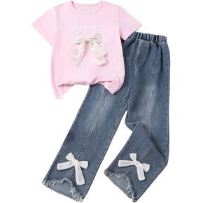 Verdusa Cute Outfits for Girls 10-12 Bows Summer Clothes Graphic Tees with Straight Leg Jeans Set
