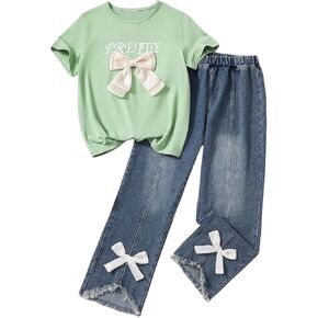 ملابس فيردوسا اللطيفة للفتيات 10-12 أقواس الملابس الصيفية المحملات الرسومية مع مجموعة جينز مستقيمة الساق in Kuwait