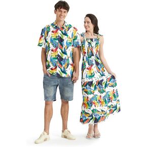 PATPAT Couples Matching Hawaiian Outfits: Beach Vacation Tropical Print Women Spaghetti Strap Maxi Dress or Men Cruise Shirt