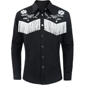 FCCAM Western Cowboy Fringe Shirts for Men Long Sleeve Fringe Button Down Shirt White Embroidery Cowboy Costume