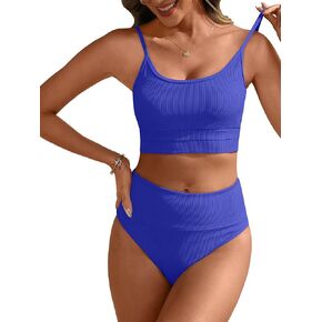 ANRABESS Bikini Sets for Women 2 Piece High Waisted Tummy Control Color Block Summer Beach Swimsuit Ribbed Swim Bathing Suit