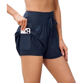 difficort Womens Board Shorts with Compression Liner High Waisted Swim Beach Swimming Shorts with Waist Zipper Pockets