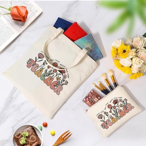 Teacher Gifts for Women, Teacher Appreciation Gifts Canvas Tote Bag with Comestic Bag, Christmas Gifts for Teachers, Thank You Teacher Gift from Student in Saudi Arabia