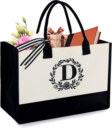 BeeGreen Gift Basket Monogram Initial Canvas Tote Bag with Pocket Embroidery Personalized Tote for Mom Teacher Friend in Saudi Arabia