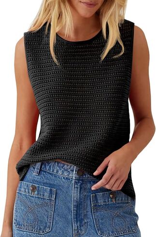 Saodimallsu Womens Crochet Tank Tops Summer Sleeveless Crew Neck Basic Mesh Knit Loose Pullover Sweater Vest in Kuwait