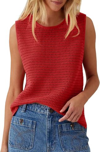 Saodimallsu Womens Crochet Tank Tops Summer Sleeveless Crew Neck Basic Mesh Knit Loose Pullover Sweater Vest in Saudi Arabia
