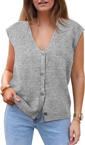 Cicy Bell Womens V Neck Sweater Vest Casual Button Down Knit Vest Outerwear Sleeveless Trendy Cardigans in Kuwait