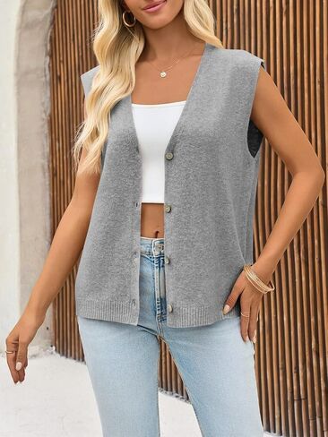 Cicy Bell Womens V Neck Sweater Vest Casual Button Down Knit Vest Outerwear Sleeveless Trendy Cardigans in Kuwait