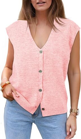 Cicy Bell Womens V Neck Sweater Vest Casual Button Down Knit Vest Outerwear Sleeveless Trendy Cardigans in Kuwait