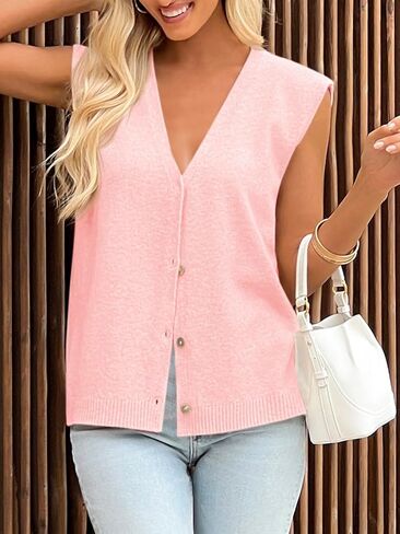 Cicy Bell Womens V Neck Sweater Vest Casual Button Down Knit Vest Outerwear Sleeveless Trendy Cardigans in Kuwait