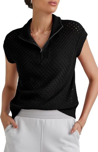 Arach&Cloz Womens Summer Cap Sleeve Sweater Vest 2025 Spring Casual Quarter Zip Hollow Out Crochet Polo V Neck Tops in Kuwait