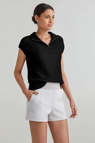 Arach&Cloz Womens Summer Cap Sleeve Sweater Vest 2025 Spring Casual Quarter Zip Hollow Out Crochet Polo V Neck Tops in Kuwait
