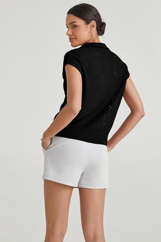 Arach&Cloz Womens Summer Cap Sleeve Sweater Vest 2025 Spring Casual Quarter Zip Hollow Out Crochet Polo V Neck Tops in Kuwait