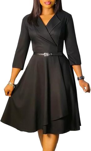 Elainone Women 3/4 Sleeve Casual Swing Flared A Line Dress Wedding Guest Semi Formal Office Work Dresses with Belt in Saudi Arabia