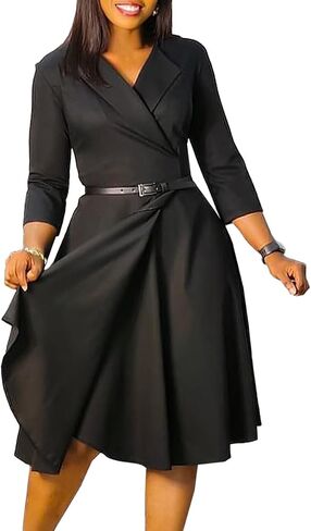 Elainone Women 3/4 Sleeve Casual Swing Flared A Line Dress Wedding Guest Semi Formal Office Work Dresses with Belt in Saudi Arabia