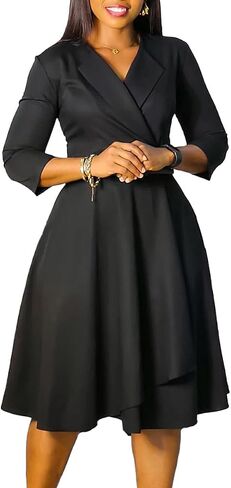 Elainone Women 3/4 Sleeve Casual Swing Flared A Line Dress Wedding Guest Semi Formal Office Work Dresses with Belt in Saudi Arabia