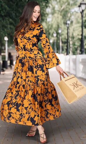 KOH KOH Women’s 2025 Long Sleeve Pockets Summer Casual Floral Flowy Beach Maxi Dress in Saudi Arabia