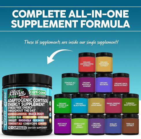 كورتي ذهب كورتيزول مكملات للنساء | Maca Root Ashwagandha Cortisol Detox Manager مخفض + زلق Elm Fenugreek Lions Mane Shilajit Rhodiola Sea Moss Tongkat Ali Cordyceps Ginseng Beet Root in Kuwait