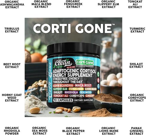 كورتي ذهب كورتيزول مكملات للنساء | Maca Root Ashwagandha Cortisol Detox Manager مخفض + زلق Elm Fenugreek Lions Mane Shilajit Rhodiola Sea Moss Tongkat Ali Cordyceps Ginseng Beet Root in Kuwait