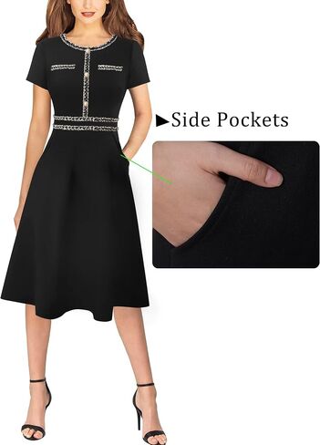 VFSHOW Womens Button Pockets Slim Wear to Work Office Business Party Patchwork A-Line Dress in Kuwait