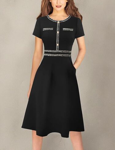 VFSHOW Womens Button Pockets Slim Wear to Work Office Business Party Patchwork A-Line Dress in Kuwait