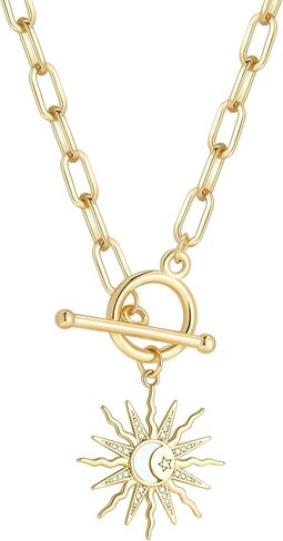 Doreenbeads 18K Gold Sun Moon Star Compass Netlace Netlace Chunky Toggle Paperclip Stain Necklace with Heart Daisy Bee Charms for Women Girls 20 Int in Kuwait