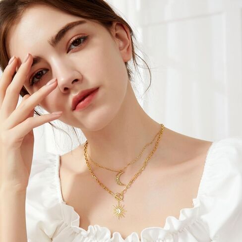 Doreenbeads 18K Gold Sun Moon Star Compass Netlace Netlace Chunky Toggle Paperclip Stain Necklace with Heart Daisy Bee Charms for Women Girls 20 Int in Kuwait