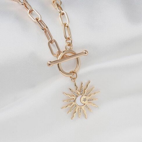Doreenbeads 18K Gold Sun Moon Star Compass Netlace Netlace Chunky Toggle Paperclip Stain Necklace with Heart Daisy Bee Charms for Women Girls 20 Int in Kuwait