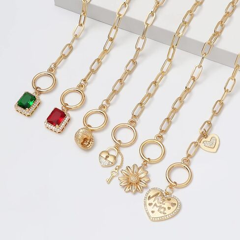 DoreenBeads 18K Gold Sun Moon Star Compass Pendant Necklace Chunky Toggle Paperclip Chain Necklace with Heart Daisy Bee Charms for Women Girls 20 Inches in Kuwait