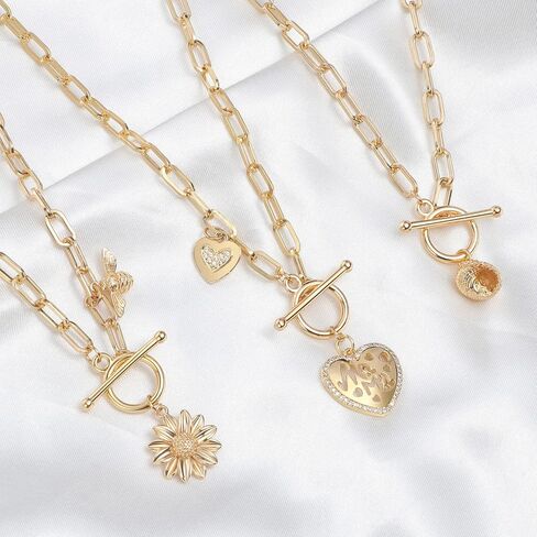 DoreenBeads 18K Gold Sun Moon Star Compass Pendant Necklace Chunky Toggle Paperclip Chain Necklace with Heart Daisy Bee Charms for Women Girls 20 Inches in Kuwait