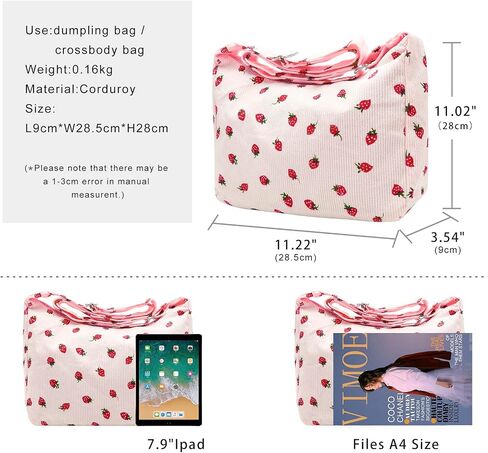 DOB SECHS Cute Hobo Bag for Women Corduroy Canvas Messenger Bag Crossbody Shoulder Purse Handbag Strawberry Printed in Saudi Arabia