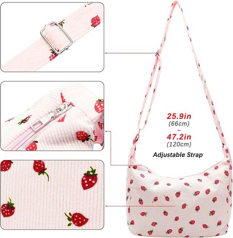 DOB SECHS Cute Hobo Bag for Women Corduroy Canvas Messenger Bag Crossbody Shoulder Purse Handbag Strawberry Printed in Saudi Arabia