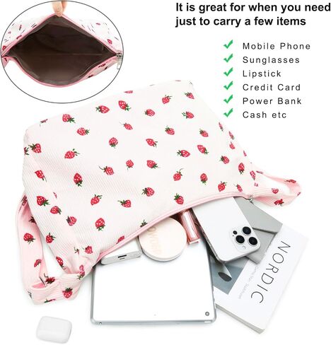 DOB SECHS Cute Hobo Bag for Women Corduroy Canvas Messenger Bag Crossbody Shoulder Purse Handbag Strawberry Printed in Saudi Arabia