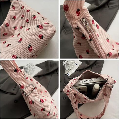DOB SECHS Cute Hobo Bag for Women Corduroy Canvas Messenger Bag Crossbody Shoulder Purse Handbag Strawberry Printed in Saudi Arabia