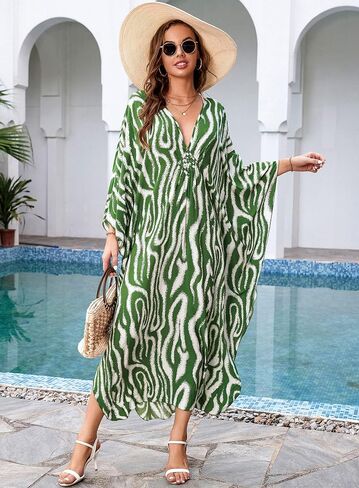 Kaftan Dresses for Women V-Neck Batwing Sleeves Swimsuit Beach Cover Ups Tie Dye Caftan Hawaiian Dress in Saudi Arabia