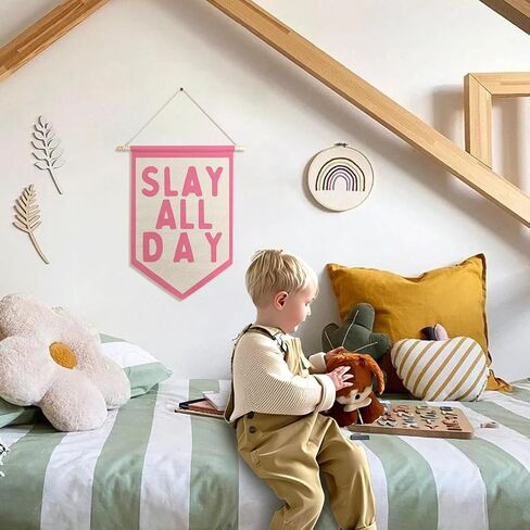 ArtisaEura Funny Slay All Day Wall Canvas Banners, Preppy Room Decor, Funny Aesthetic Hanging Display Pennant Banner Flags, Pink Girly Wall Decor for Girls Room Dorm Bedroom Apartment in Kuwait