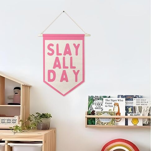 ArtisaEura Funny Slay All Day Wall Canvas Banners, Preppy Room Decor, Funny Aesthetic Hanging Display Pennant Banner Flags, Pink Girly Wall Decor for Girls Room Dorm Bedroom Apartment in Kuwait