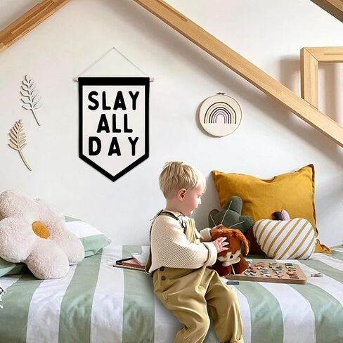 ArtisaEura Funny Slay All Day Wall Canvas Banners, Preppy Room Decor, Funny Aesthetic Hanging Display Pennant Banner Flags, Pink Girly Wall Decor for Girls Room Dorm Bedroom Apartment in Kuwait