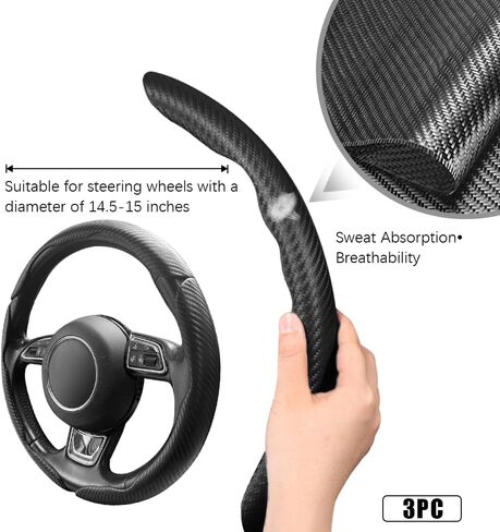 Pincuttee Carbon Fiber Steering Wheel Cover - 3PC Universal Non Slip Steering Wheel Protector, Matte Black in Kuwait