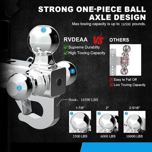 Adjustable Trailer Hitch Ball Mount with Hook, Tri-Ball (1-7/8" x 2" x 2-5/16") Drop Hitch,6 Inch Drop Hitch, Fits 2-Inch Receiver,Anti-Theft Pins Locks,Tow Hitch for Heavy Duty Truck in Kuwait