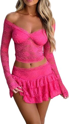 2 قطعت تنورة صغيرة مجموعة للنساء من الدانتيل الأنيقة المحصول توب جسم تنانير bodycon شبكية مجموعات مطابقة y2k in Kuwait