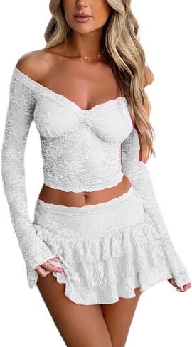 2 قطعت تنورة صغيرة مجموعة للنساء من الدانتيل الأنيقة المحصول توب جسم تنانير bodycon شبكية مجموعات مطابقة y2k in Kuwait