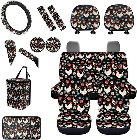 BigCarjob Chicken Flower Flower Auto Auto Pront Pront Set مجموعة كاملة للنساء مجموعات داخلية للسيارة 15 قطعة طباعة دجاج غطاء مقعد السيارة مجموعة وسادات حزام المقعد in Kuwait