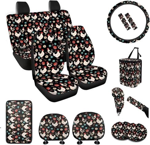 BigCarjob Chicken Flower Flower Auto Auto Pront Pront Set مجموعة كاملة للنساء مجموعات داخلية للسيارة 15 قطعة طباعة دجاج غطاء مقعد السيارة مجموعة وسادات حزام المقعد in Kuwait