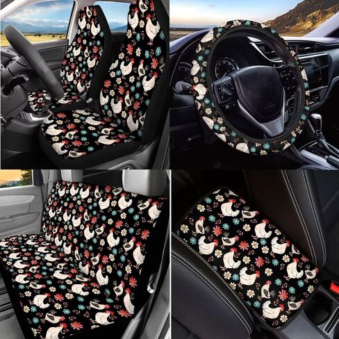 BigCarjob Chicken Flower Flower Auto Auto Pront Pront Set مجموعة كاملة للنساء مجموعات داخلية للسيارة 15 قطعة طباعة دجاج غطاء مقعد السيارة مجموعة وسادات حزام المقعد in Kuwait