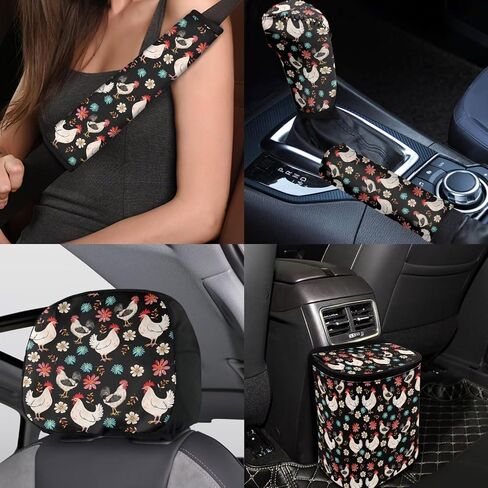 BigCarjob Chicken Flower Flower Auto Auto Pront Pront Set مجموعة كاملة للنساء مجموعات داخلية للسيارة 15 قطعة طباعة دجاج غطاء مقعد السيارة مجموعة وسادات حزام المقعد in Kuwait