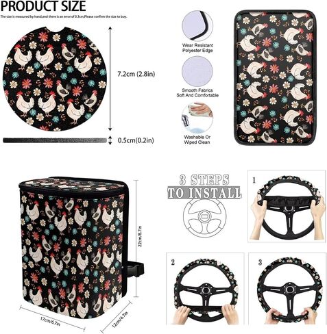 BigCarjob Chicken Flower Flower Auto Auto Pront Pront Set مجموعة كاملة للنساء مجموعات داخلية للسيارة 15 قطعة طباعة دجاج غطاء مقعد السيارة مجموعة وسادات حزام المقعد in Kuwait