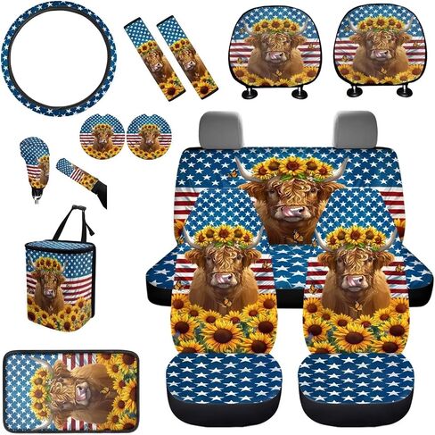 BigCarjob Chicken Flower Flower Auto Auto Pront Pront Set مجموعة كاملة للنساء مجموعات داخلية للسيارة 15 قطعة طباعة دجاج غطاء مقعد السيارة مجموعة وسادات حزام المقعد in Kuwait