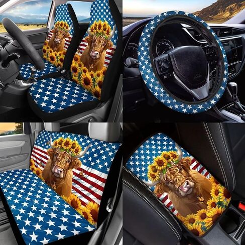 BigCarjob Chicken Flower Flower Auto Auto Pront Pront Set مجموعة كاملة للنساء مجموعات داخلية للسيارة 15 قطعة طباعة دجاج غطاء مقعد السيارة مجموعة وسادات حزام المقعد in Kuwait